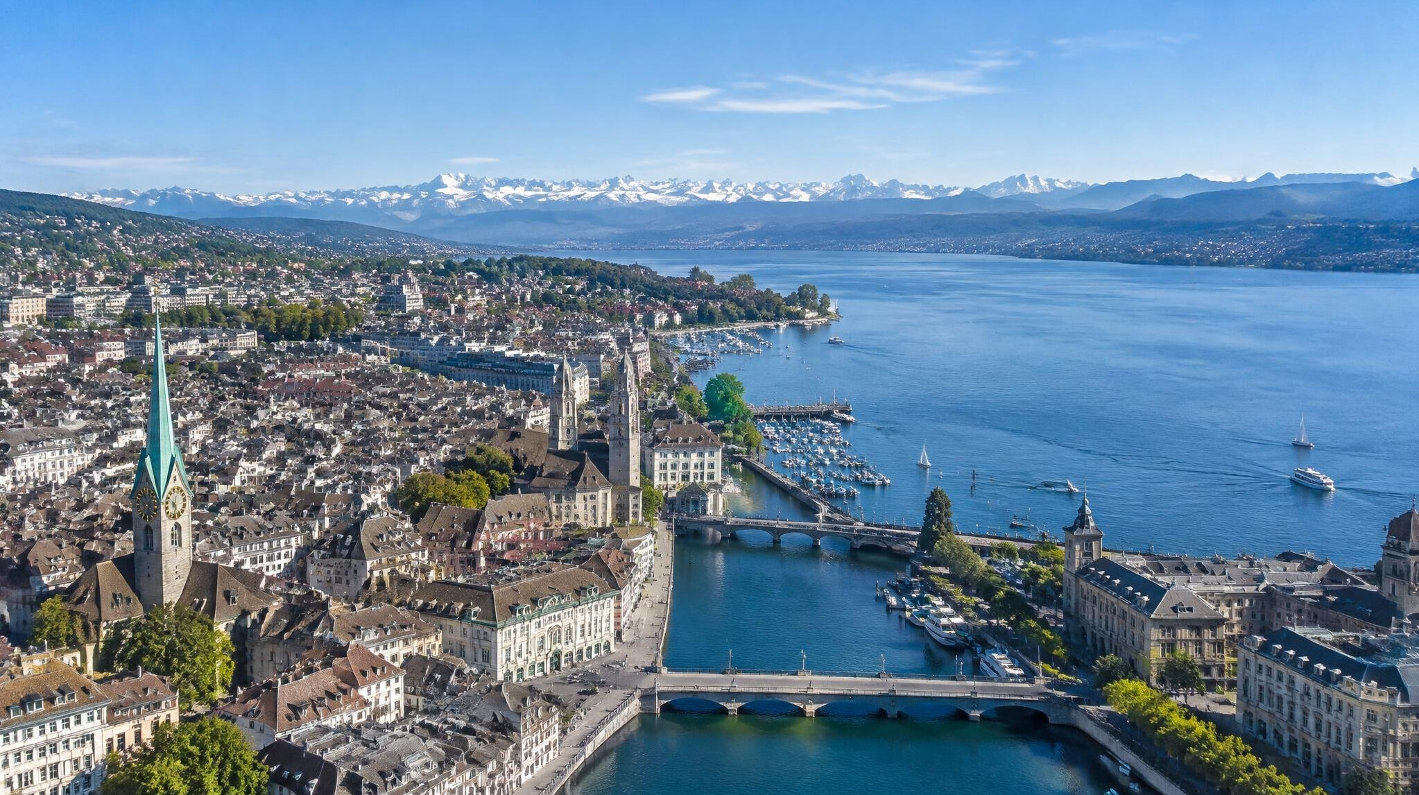 Aerial view of a Swiss city skyline near a lake
