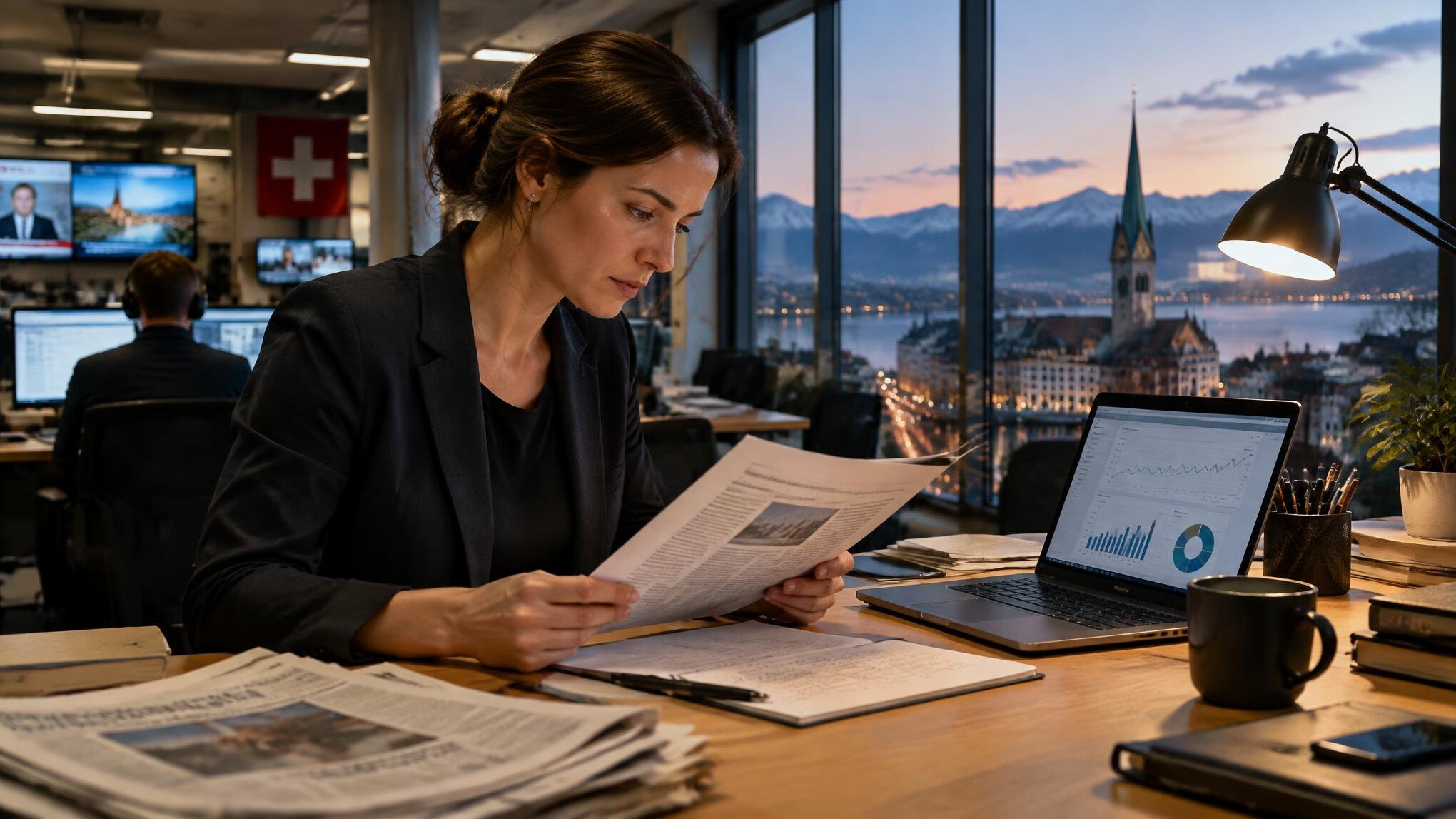 Journalist reviewing documents and screens in a newsroom
