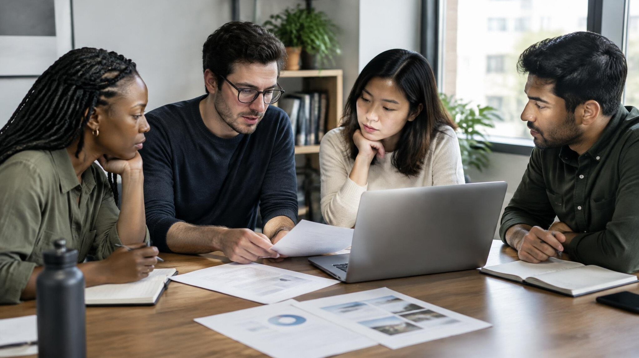 Small team having an editorial discussion around a table