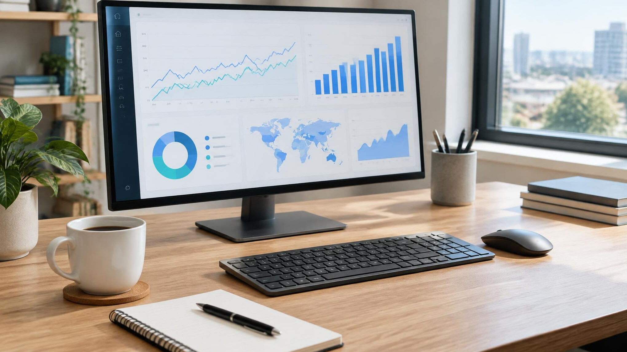 Workspace with monitor showing data charts and a coffee cup