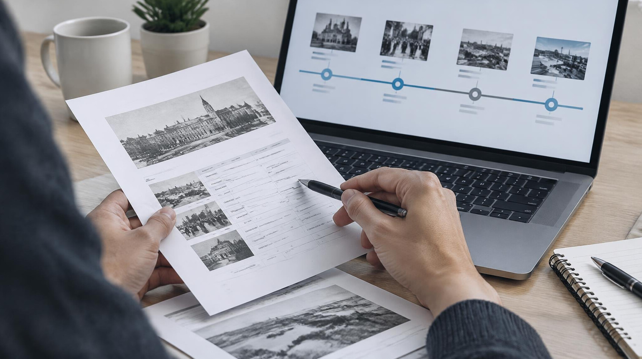 Close-up of hands verifying documents next to a laptop