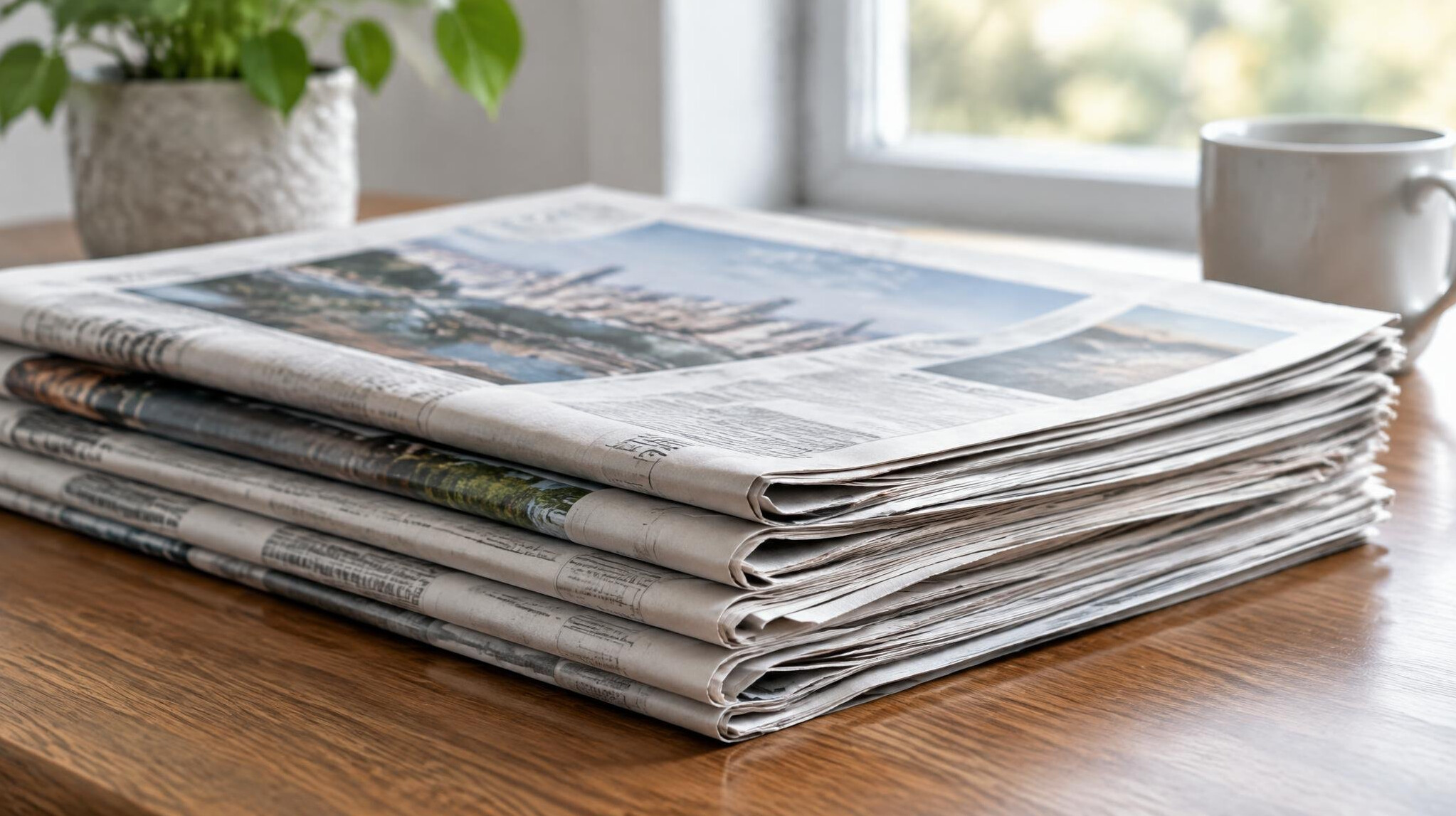 Stack of printed newspapers on a table