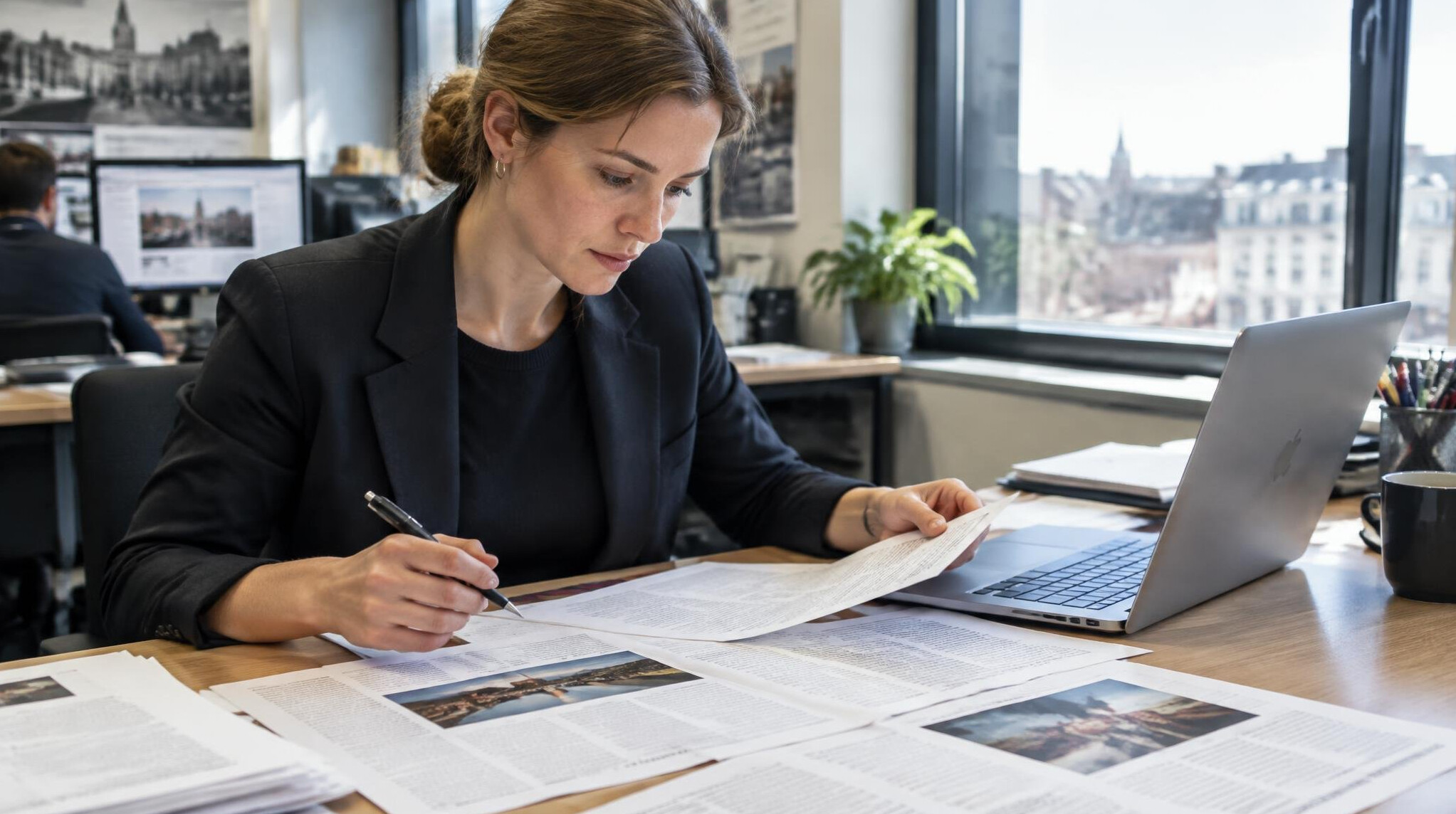 Editor reviewing printed pages next to a laptop