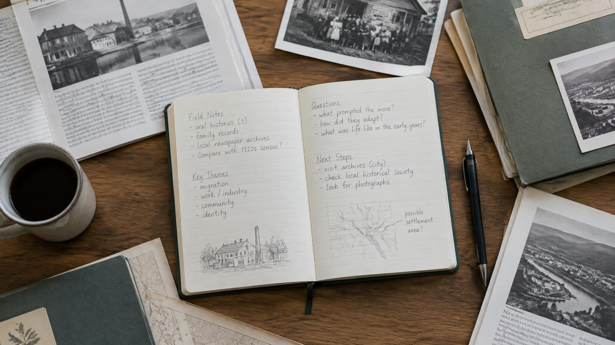 Notebook and archived documents on a desk